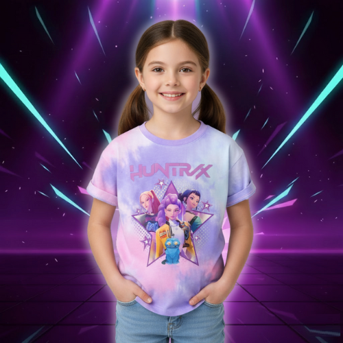 K-pop Demon Hunters Tie-dye T-shirts for Girls Anime Cartoon Fashion Short Sleeved Shirt Children Summer Sweet T-shirt Gifts