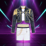 Kids Girls 3Pcs Demon Cosplay Singer Outfit Iridescent Gloss Crop Top Long Sleeve Trim Sequins Outer Wear and Waist Chain Shorts