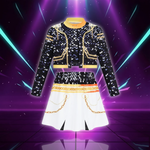 Kids Girls 3Pcs Demon Cosplay Singer Outfit Iridescent Gloss Crop Top Long Sleeve Trim Sequins Outer Wear and Waist Chain Shorts (Copie)