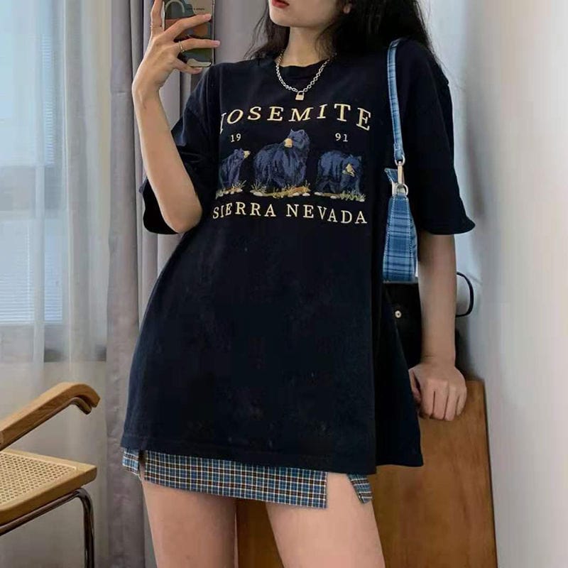 Sky Blue YOSEMITE Bear Embroidery T Shirts Cotton O-neck Short Sleeve Oversized Vintage T-shirt American Fashion Teens Clothes